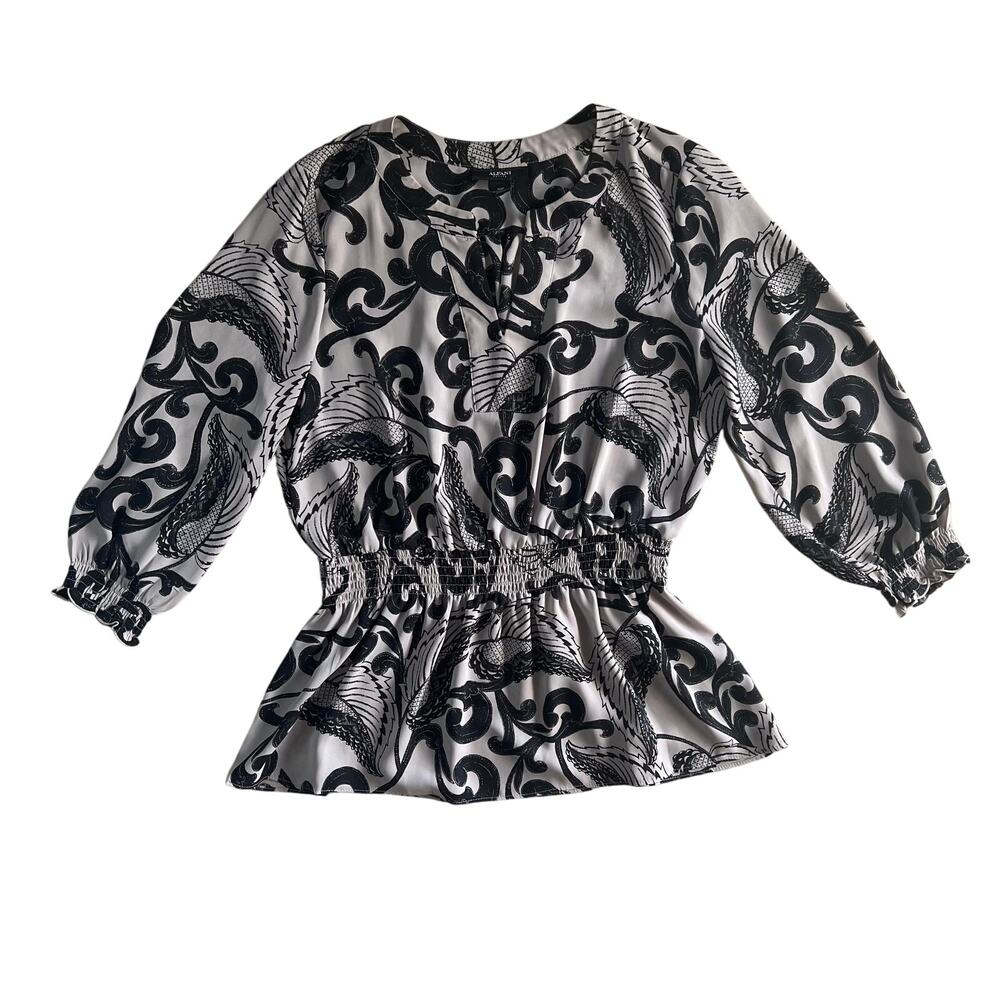 Alfani Petite Blouse 10P Black Beige Print Peplum Waist 3/4 Sleeve